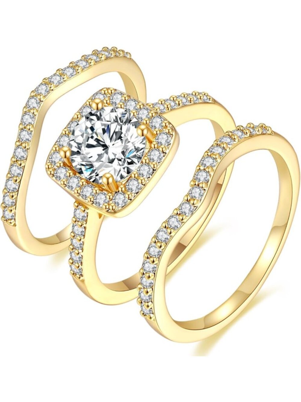Stunning 18K Gold Plated Halo Wedding Ring Set with Cubic Zirconia for Women